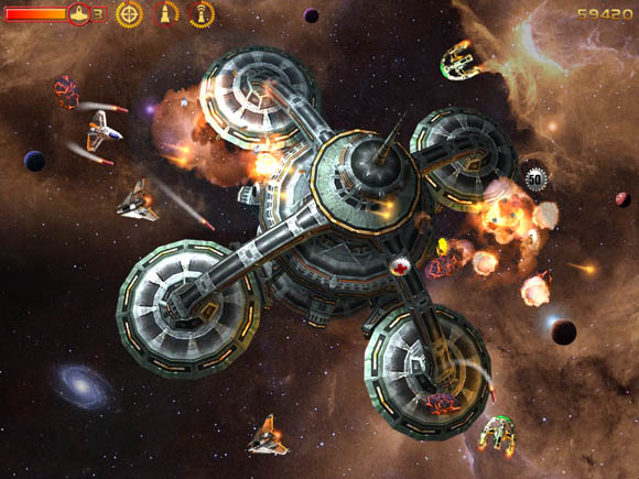 Asteroid-blasting arcade action game featuring fully rendered 3D graphics.